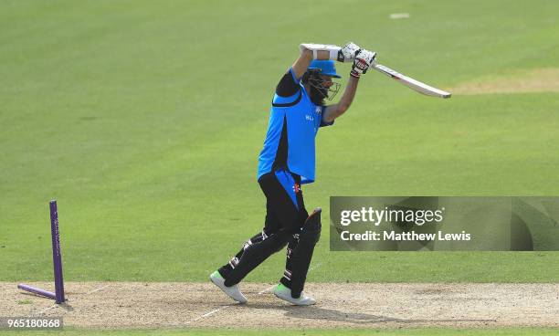 Moeen Ali of Worcestershire is bowled by Jake Ball of Nottinghamshire during the Royal London One-Day Cup match between Nottinghamshire nad...