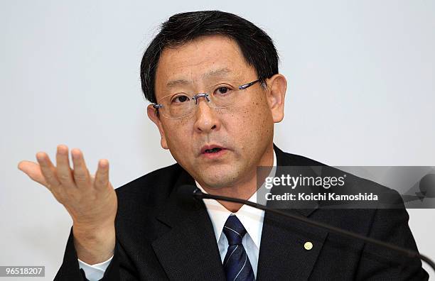 Toyota Motor Corporation President Akio Toyoda speaks during a press conference after informing the Transport Ministry of the Prius recall at their...