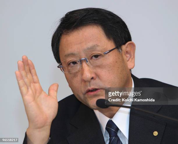 Toyota Motor Corporation President Akio Toyoda speaks during a press conference after informing the Transport Ministry of the Prius recall at their...