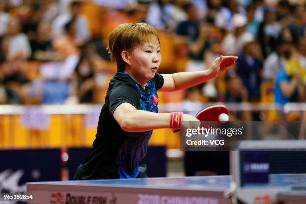 Zhu Yuling of China competes in the Women's Singles eighth-final match against Shibata Saki of Japan during day two of the 2018 ITTF World Tour China...