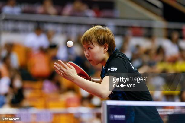 Zhu Yuling of China competes in the Women's Singles eighth-final match against Shibata Saki of Japan during day two of the 2018 ITTF World Tour China...