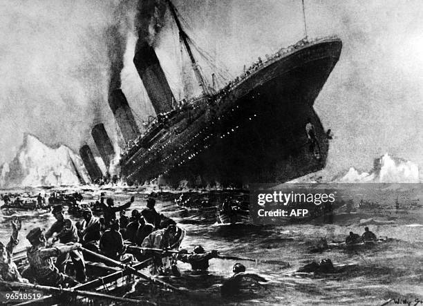 Undated artist impression showing the 14 April 1912 shipwreck of the British luxury passenger liner Titanic off the Nova-Scotia coasts, during its...