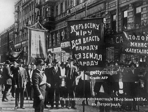 Picture taken 18 June 1917 during a political demonstration in Petrograd. March 1917 Russian Revolution started with demonstrations against the war...