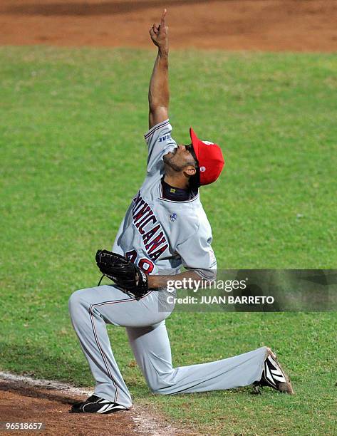 Dario Vera of Leones del Escojidos of Dominican Republic celebrates the team's victory in the 2010 Baseball Caribbean Series tournament on February...