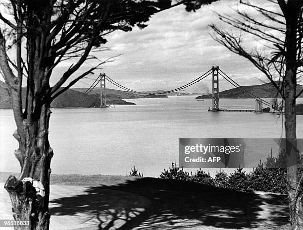 Picture dated May 1936 of the Golden Gate bridge, in the San Francisco Bay, during its construction. Construction began on 05 January 1933 and the...