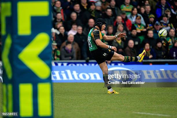 Next to the LV sponsored goalpost, Bruce Reihana of Northampton Saints kicks ahead during the LV Anglo Welsh Cup match between Northampton Saints and...