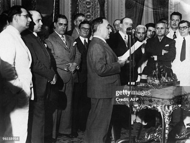 Getulio Vargas , President of Brazil , delivers a broadcast speech to announce the dissolution of congress and to proclame the fascist "Estado Novo"...
