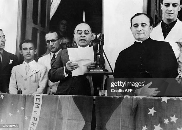 Getulio Vargas , President of Brazil, delivers a broadcast speech to announce the dissolution of congress and to proclame the fascist "Estado Novo"...