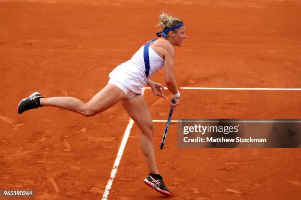 Pauline Parmentier of France serves during her ladies singles third round match against Caroline Wozniacki of Denmark during day six of the 2018...