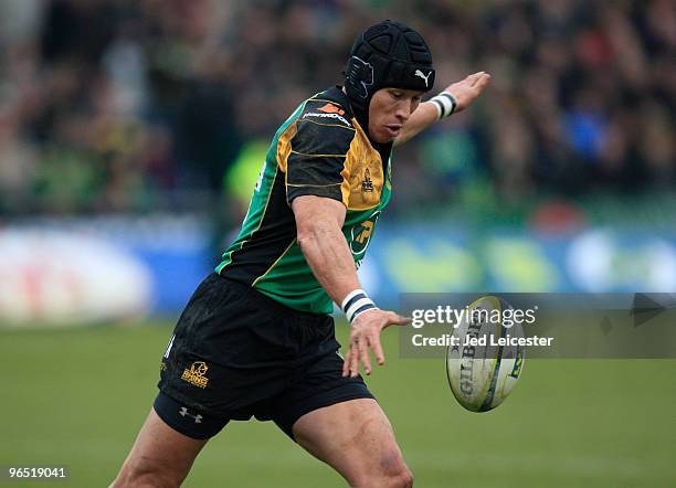 Bruce Reihana of Northampton Saints kicks the ball up field during the LV Anglo Welsh Cup match between Northampton Saints and Leicester Tigers at...