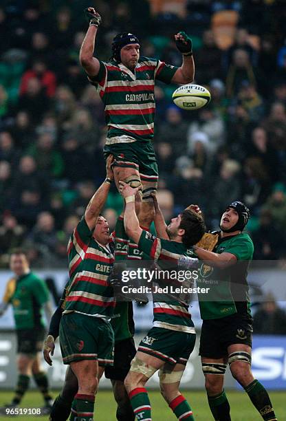 Ben Key of Leicester Tigers catches and passes the ball from the lineout during the LV Anglo Welsh Cup match between Northampton Saints and Leicester...