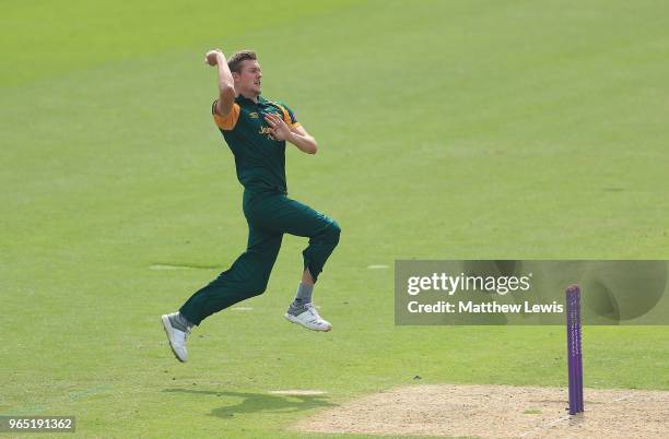 Jake Ball of Nottinghamshire in action during the Royal London One-Day Cup match between Nottinghamshire nad Worcestershire at Trent Bridge on June...