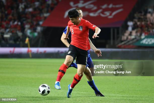 Son Heong-Min of South Korea controls the ball during the international friendly match between South Korea and Bosnia & Herzegovina at Jeonju World...