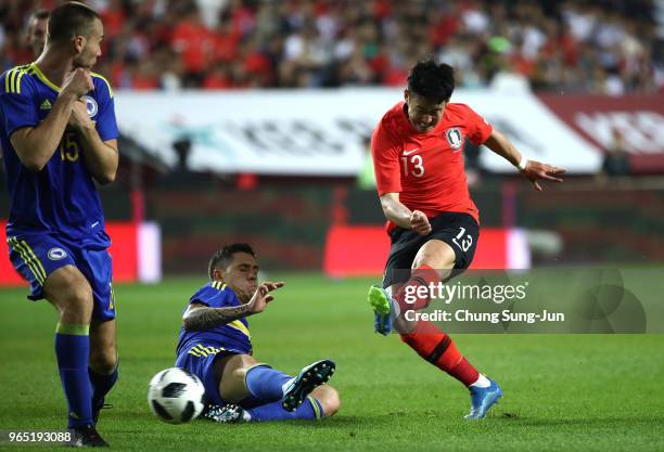 Son Heung-Min of South Korea in actioin during the international friendly match between South Korea and Bosnia & Herzegovina at Jeonju World Cup...