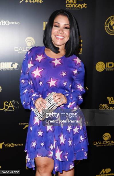 Carolina Sandoval arrives at Premios Estrellas Digitales 2018 at James L. Knight Center on May 31, 2018 in Miami, Florida.