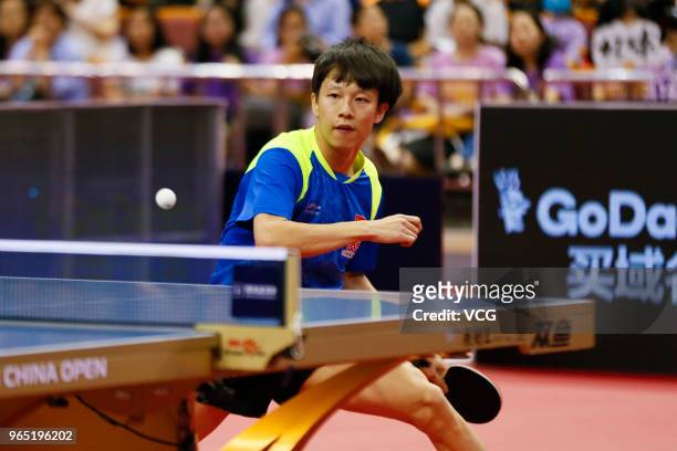 Lin Gaoyuan of China competes in the Men's Singles eighth-final match against Harimoto Tomokazu of Japan during day two of the 2018 ITTF World Tour...