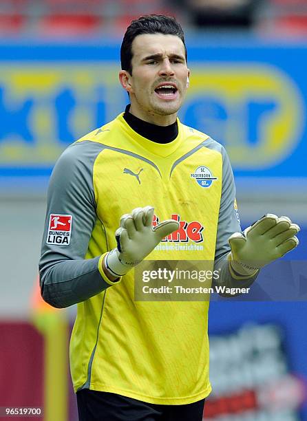 Kasper Jensen of Paderborn gestures during the Second Bundesliga match between 1.FC Kaiserslautern and SC Paderborn at Fritz- Walter Stadium on...