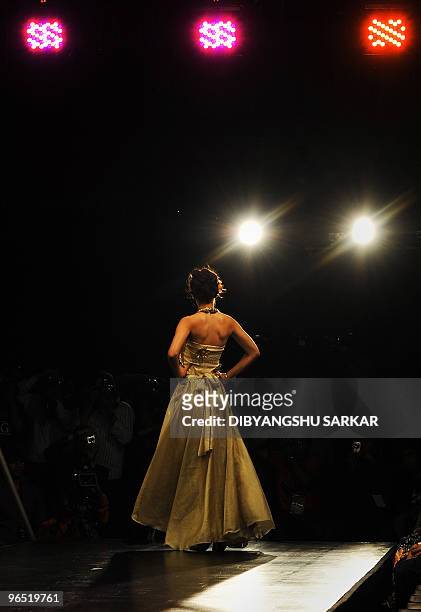 An Indian model presents a creation from the designer Arshi Jamal, during the first day of the Bangalore Fashion Week in Bangalore on January 28,...