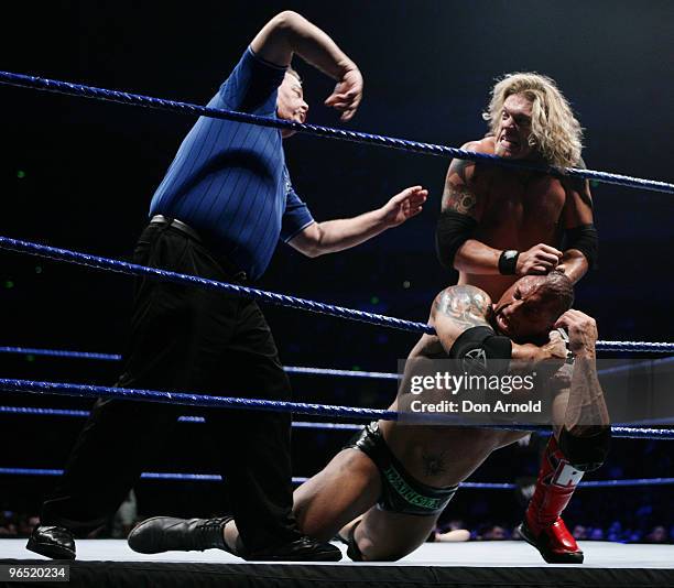 Edge takes on Batista during the WWE Smackdown at Acer Arena June 15, 2008 in Sydney, Australia.