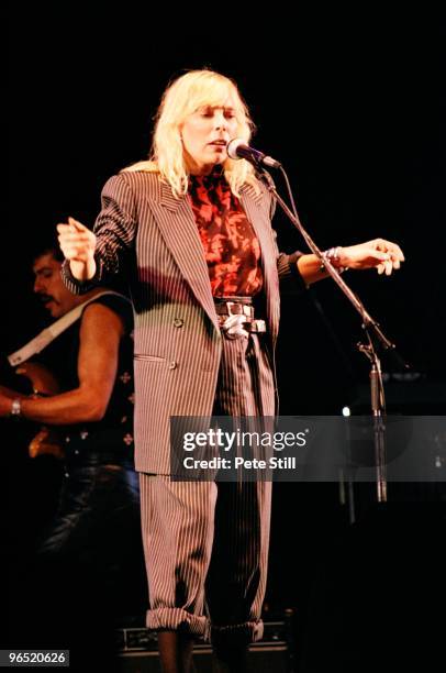 Joni Mitchell performs on stage at Wembley Arena on April 23rd, 1983 in London, United Kingdom.