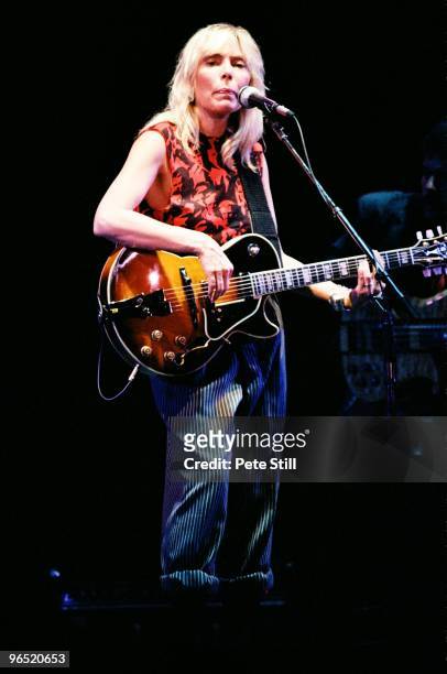 Joni Mitchell performs on stage at Wembley Arena on April 23rd, 1983 in London, United Kingdom.