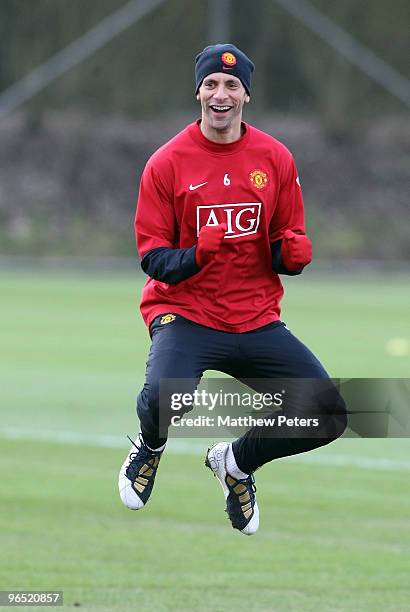 Rio Ferdinand of Manchester United in action during a First Team Training Session at Carrington Training Ground on February 9 2010, in Manchester,...