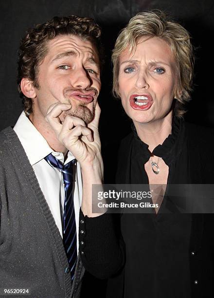 Matthew Morrison and Jane Lynch pose backstage at "Love, Loss and What I Wore" at The Westside Theater on November 12, 2009 in New York City.