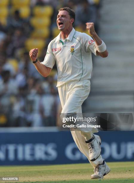 Dale Steyn of South Africa takes his 10th wicket as South Africa wins by an innings and 6 runs during day 4 of the 1st test between India and South...