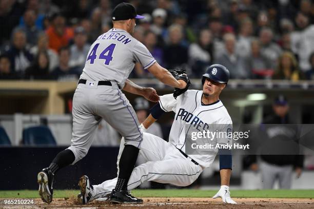 Joey Luchessi of the San Diego Padres is tagged out at home plate by Tyller Anderson of the Colorado Rockies during the game at PETCO Park on May 14,...