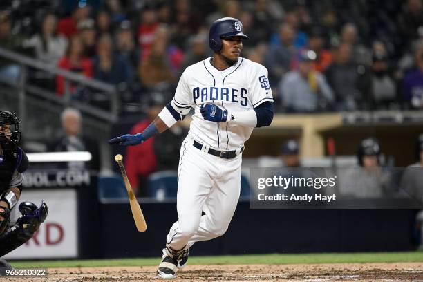 Franchy Cordero of the San Diego Padres hits during the game against the Colorado Rockies at PETCO Park on May 14, 2018 in San Diego, California.