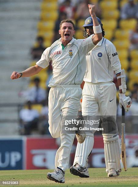 Dale Steyn of South Africa takes his 10th wicket as South Africa wins by an innings and 6 runs during day 4 of the 1st test between India and South...