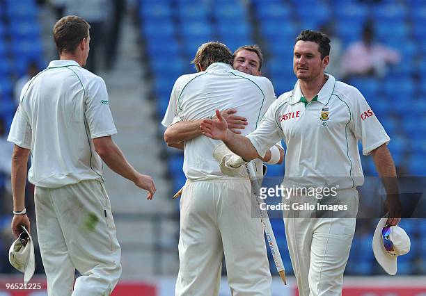Graeme Smith Dale Steyn , Paul Harris and Morne Morkel of South Africa celebrate winning by an innings and 6 runs during day 4 of the 1st test...