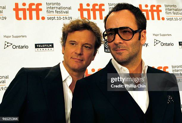 Actor Colin Firth and Director Tom Ford pose at the "A Single Man" press conference held at the Sutton Place Hotel on September 15, 2009 in Toronto,...