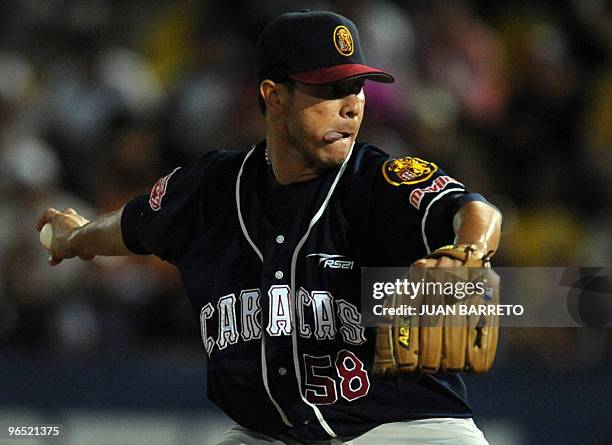 Venezuelan Jose Sanchez of Leones del Caracas of Venezuela pitches during a Caribbean Series baseball match against Naranjeros de Hermosillos of...