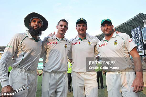 Hashim Amla, Dale Steyn, Graeme Smith and Jacques Kallis of South Africa pose together after winning by an innings and 6 runs on day 4 of the 1st...