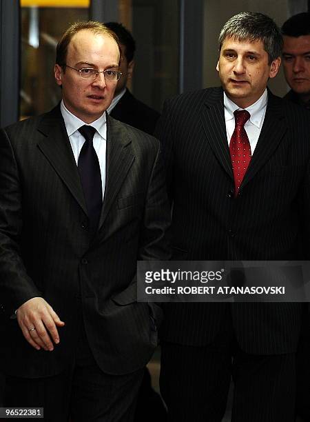 Austria's Foreign Minister Michael Spindelegger and his Macedonian counterpart Antonio Milososki arrive from news conference after their meeting in...