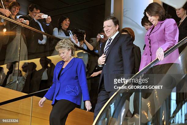 European Commission President Jose Manuel Barroso arrives with commissioner Viviane Reding and commissioner Maire Geoghegan-Quinn for an unofficial...