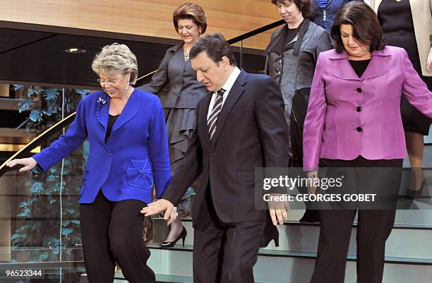 European Commission President Jose Manuel Barroso arrives with commissioner Viviane Reding and commissioner Maire Geoghegan-Quinn for an unofficial...