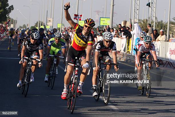 Quickstep team rider Tom Boonen of Belgium celebrates after winning the third stage of the Tour of Qatar cycling race between Dukhan and Musayid...