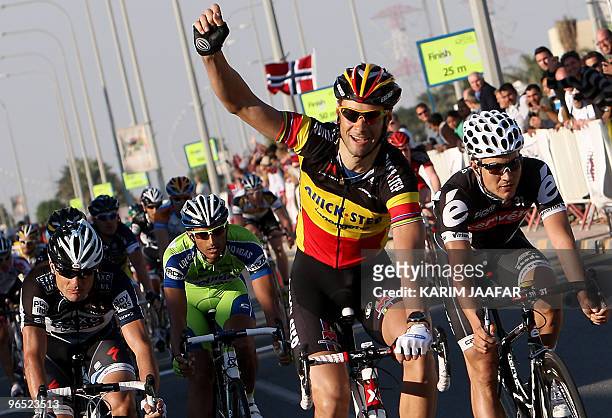 Quickstep team rider Tom Boonen of Belgium celebrates after winning the third stage of the Tour of Qatar cycling race between Dukhan and Musayid...