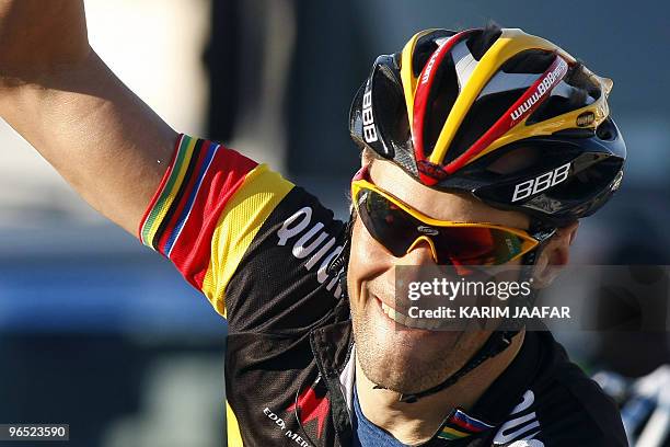 Quickstep team rider Tom Boonen of Belgium celebrates after winning the third stage of the Tour of Qatar cycling race between Dukhan and Musayid...