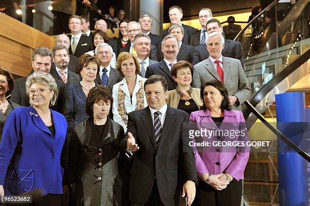 European Commission President Portuguese Jose Manuel Barroso poses with new commissioners including EU's Foreign Affairs chief British Catherine...
