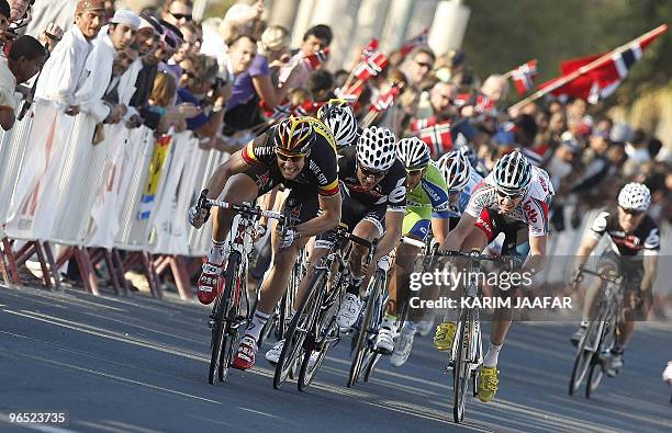 Quickstep team rider Tom Boonen of Belgium competes in the third stage of the Tour of Qatar cycling race between Dukhan and Musayid outside the...