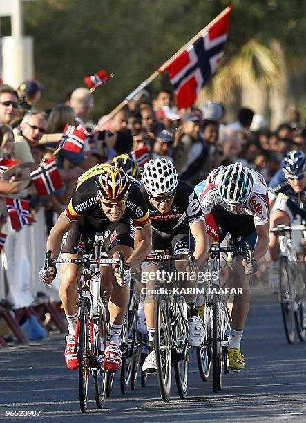 Quickstep team rider Tom Boonen of Belgium competes during the third stage of the Tour of Qatar cycling race between Dukhan and Musayid outside the...
