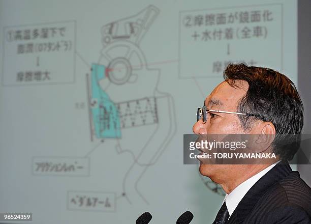 Executive Vice President of Toyota Motor Shinichi Sasaki explains about its accelerator pedal during a press conference at the headquarters in...