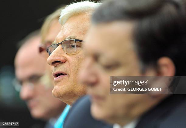 European Parliament President Jerzy Buzek and European Commission President Jose Manuel Barroso give a press conference after the approbation vote by...