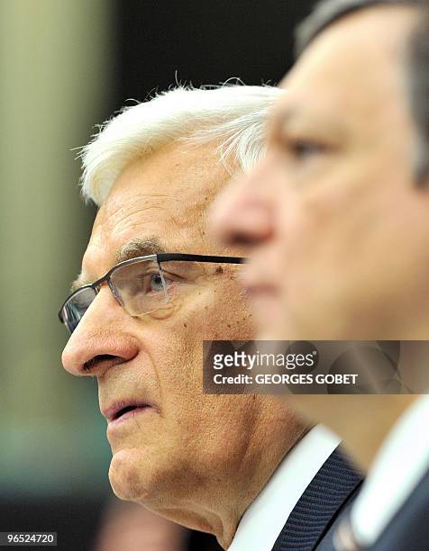 European Parliament President Jerzy Buzek and European Commission President Jose Manuel Barroso give a press conference after the approbation vote by...