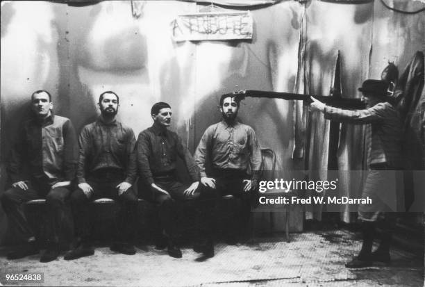 View of a scene from Claes Oldenburg's performance art piece 'Ironworks/Fotodeath ' at the Ruben Gallery, New York, New York, February 25, 1961....