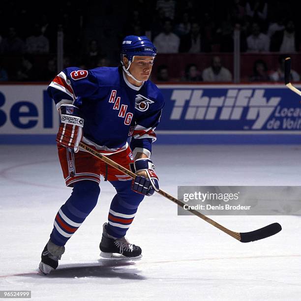 Adam Graves of the New York Rangers skates against the Montreal Canadiens in the 1990's at the Montreal Forum in Montreal, Quebec, Canada.