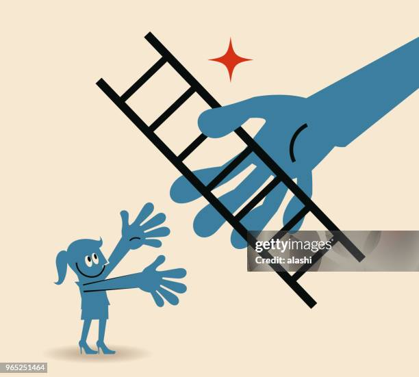 big hand giving a ladder to help businesswoman move up, way to success concept - freedom of expression is a right and not granted stock illustrations